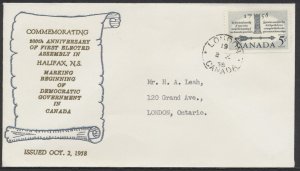 1958 #382 1st Elected Assembly FDC Grover Thermal Cachet London Canada CDS
