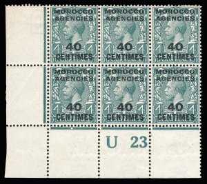 Morocco Agencies 1917 KGV 40c on 4d Control U23 Plate 2b block MNH. SG 196.