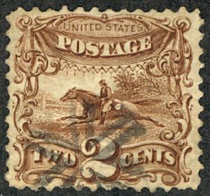 US # 113 SCV $130.   2c Pony Rider, XF used, fancy pinwheel cancel, this stam...