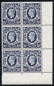 SG478 1939 10/- Dark Blue U/M Corner Marginal Block of SIX