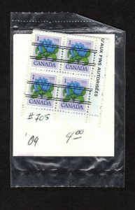 CANADA MNH SET OF CORNER INSCRIPTION BLOCK OF 4 PRE-CANCELLED STAMPS #705 PO PK