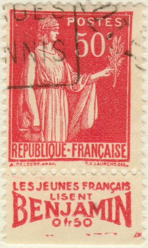 FRANCE - 1933 pub BENJAMIN (jeunes français...) sur Yv.283 50c Paix t.I (A3)