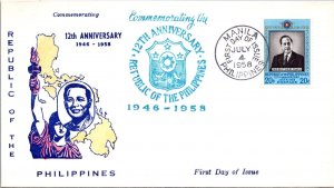 Philippines FDC 1958 - 12th Anniv of RP - 20c Stamp - Single - F43568