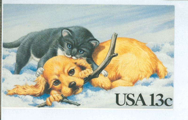 US 2025 1982 13c puppy & kitten stamp, FDC ceremony program with participant signatures, pair of stamps with first day cancel