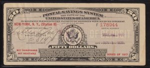 1917 $50 New York Station B, Postal Savings System Certificate, Serial No 178944