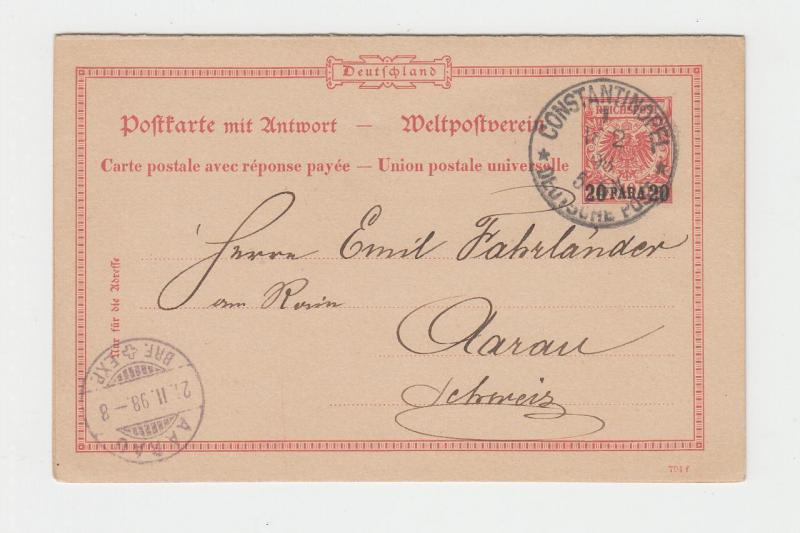 GERMAN OFFICES IN TURKEY 1898 20pa REPLY PAID CARD TO SWITZERLAND (SEE BELOW)