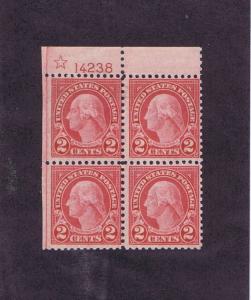 SCOTT# 595 UNUSED NH 2 CENT WASHINGTON PLATE OF FOUR,1923. VERY HIGH CV. LOOK