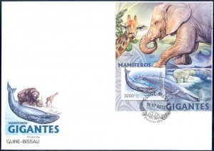 GUINEA BISSAU 2012 GIRAFFE ELEPHANT WHALE BEAR GIANT MAMMALS S/SHEET FDC