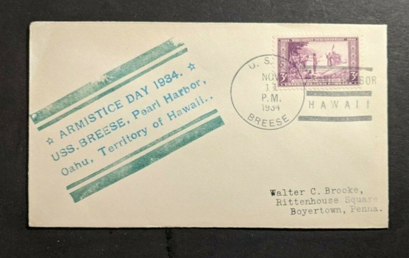 1934 USS Breese Navy Cover to Boyertown PA Pearl Harbor Hawaii Cancel