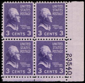 US #807 JEFFERSON MNH LR PLATE BLOCK #23540