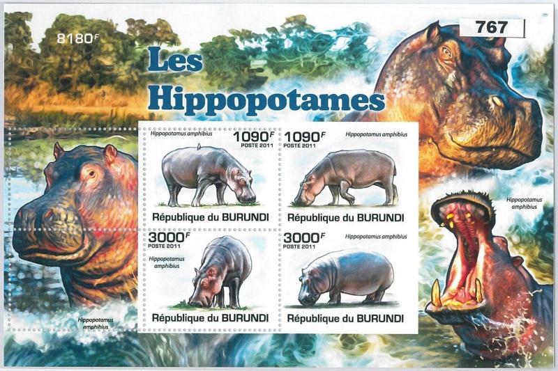 BURUNDI - ERROR, 2011 MISSPERF SHEET: HIPPOPOTAMUS, HIPPOS, ANIMALS