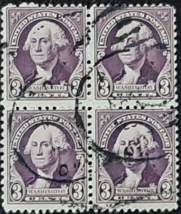 US Scott # 720; used 3c Washington from 1932; block of 4; Fine centering