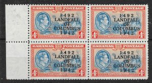 BAHAMAS SG168a 1942 LANDFALL 4d BLK OF 4 - 1 WITH COIUMBUS VAR MTD MINT