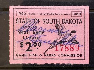 1960 State of South Dakota Resident Small Game License Used Hunting Stamp $2.00