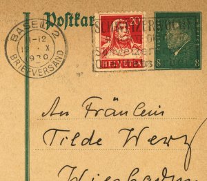 Switzerland to Germany Mixed Franking Postal Card Basel to Wiesbaden Europe