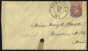 US 1864 CIVIL WAR PERIOD COVER NEAT PORTLAND ME DATED DUPLEX CANCEL