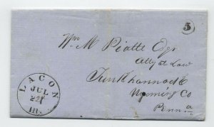 1851 Lacon Illinois stampless to PA small 5 in circle rate [5246.481]