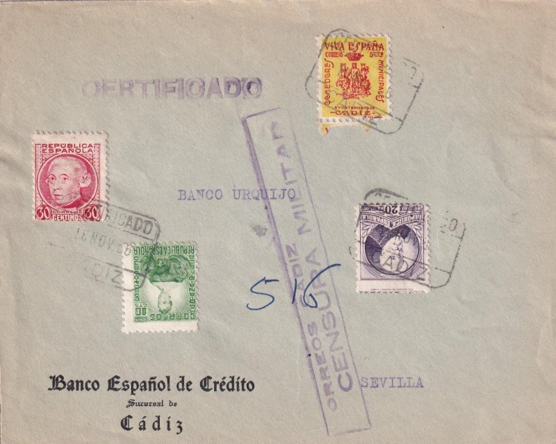 1936, Cadiz to Seville, Spain, Cadiz Censor Hand Stamp (C4380)