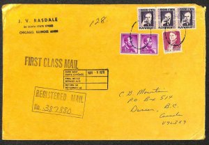 LIBERTY & PROMINIENT AMERICAN STAMPS ILLINOIS TO CANADA REGISTERED COVER 1978