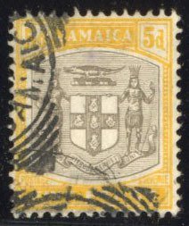 Jamaica #41 Cat$82.50, 1907 5p gray and yellow, used