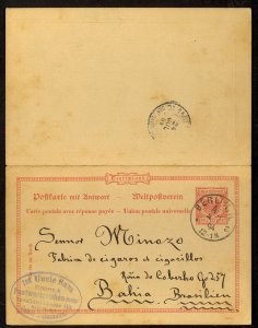 GERMANY 1894 4July 10pf REPLY CARD to Bahia BRAZIL UNCLE SAM Cigarette Co Cachet