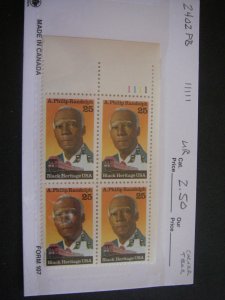 Scott 2402, 25c A. Philip Randolph, PB4 #11111 UR, MNH, corner tear