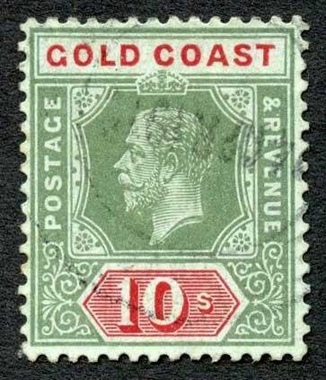 Gold Coast SG83a 10/- Wmk Mult Crown CA Olive back Cat 110 pounds 