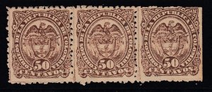 Colombia 1888 50c Brown on Buff Strip x 3 Watermark Variety MNG. Scott 135 var