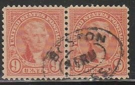 U.S. 641, 9¢ JEFFERSON, USED, HORIZONTAL PAIR. F-VF. (963)