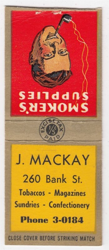 Canada Revenue 1/5¢ Excise Tax Matchbook J. MACKAY Ottawa