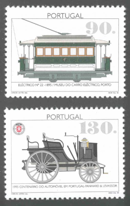 Portugal Scott 2043-2044 MNH** 1995 antique tram and automobile set