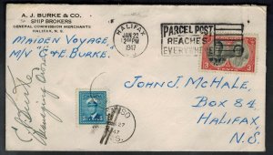 1947 Canada Cover Maiden Voyage MV C & E Burke Purser Signed to Halifax