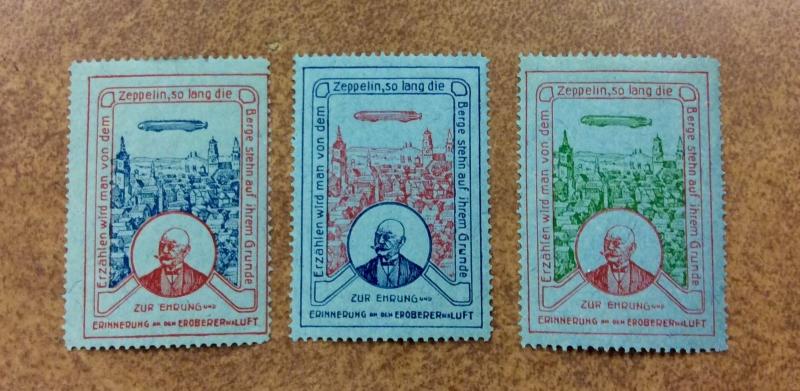 Germany, ZEPPELIN Cinderella Poster Stamps lot of3 different colors bluish paper