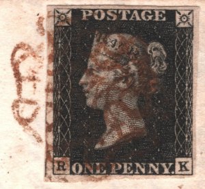 GB 1840 PENNY BLACK Cover BROWN MX *Bo'ness* 1d Plate 8 (RK) 1841 Cat £9,500 16m 