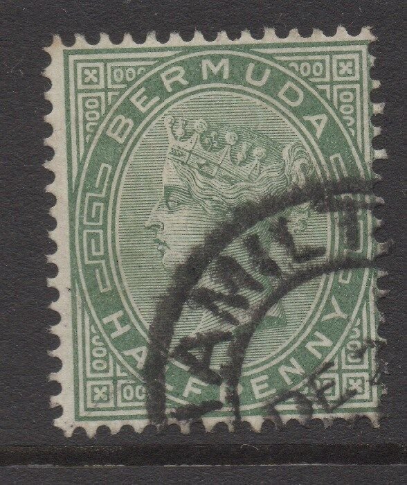 BERMUDA;  1880s early QV Crown CA issue fine used 1/2d. value, Postmark