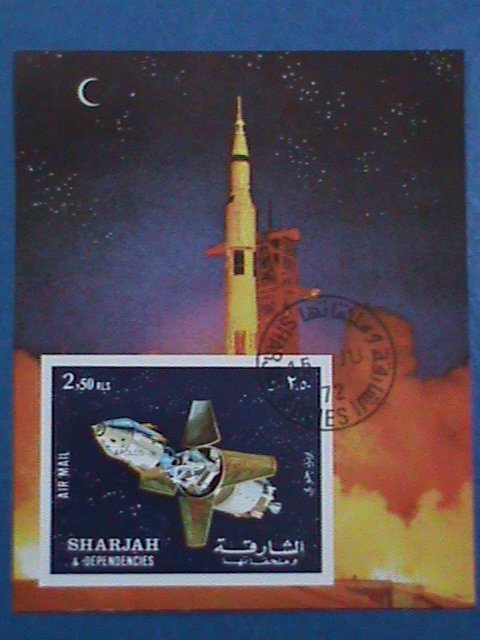 SHARJAH-STAMP:- 1972-  COLORFUL SPACE SHIP- CTO AIR MAIL S/S SHEET NOT HING