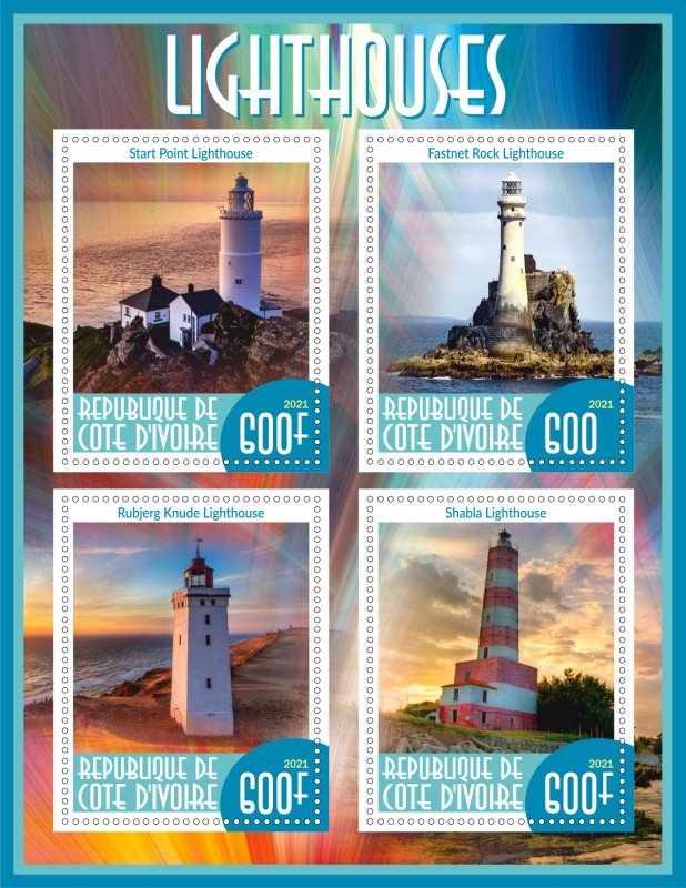 Stamps. LIghthouses 1+1 sheets perf 2021 year Ivory Coast