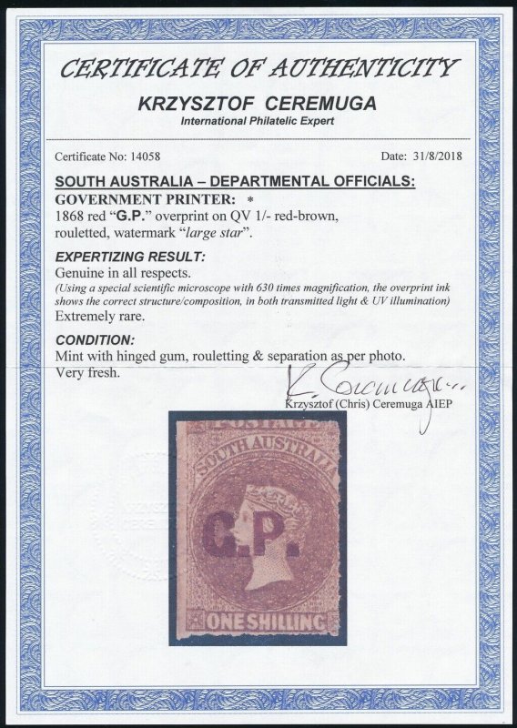 SOUTH AUSTRALIA Government Printer G.P. red QV 1/- rouletted. Rare. Certificate.