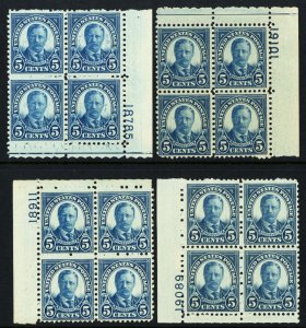 637, Mint NH 5¢ Four Plate Blocks CV $70.00 - Stuart Katz