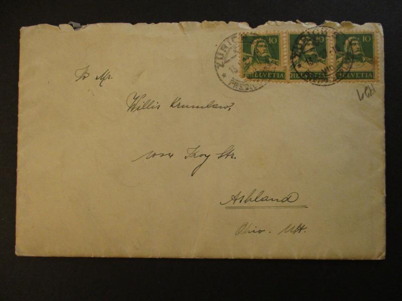 1927 Zurich Switzerland to Ashland Ohio USA Cover