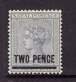 Natal-Sc #73-unused no gum 2p on 3p gray-Queen Victoria-1886-