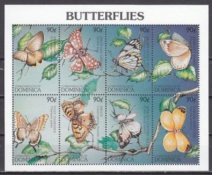 Dominica, Scott cat. 1915 a-h. Butterflies on a sheet of 8.