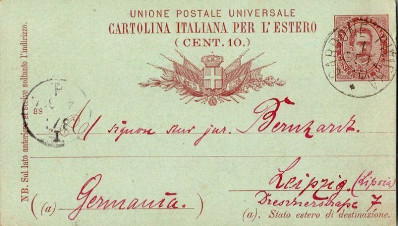 Italy 10c King Umberto I Postal Card 1890 Cardone Riviera to Leipzig, Germany.