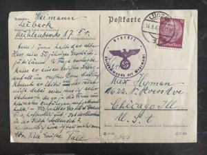 1940 Lubeck Germany Postcard To Chicago Il USA