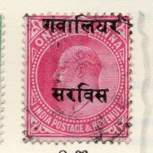 India Gwalior 1913 Early Issue Fine Used 1a. Optd 266645