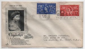 Great Britain 1953 Queen coronation Sc 313-314 cover London cancel to L.A.