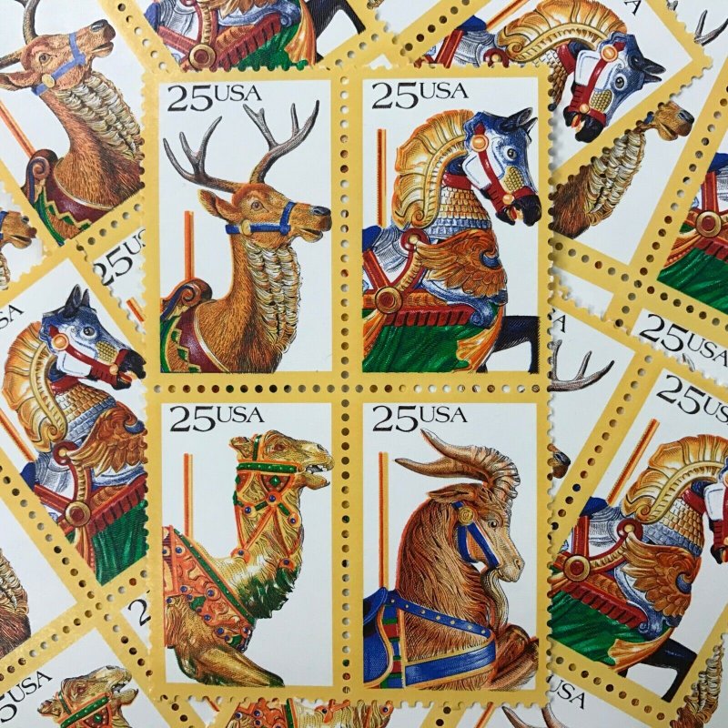 2390-2393     Carousel Animals      25 MNH blocks of 4 stamps     Issued in 1988