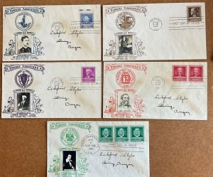 874-878  5 FDCs  Complete set of American Scientists Crosby cachets  1940