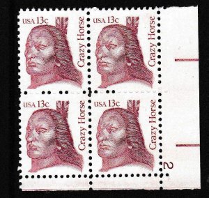 U.S. Great Americans Crazy Horse Sc# 1885 Plate Number Block of Four 1982 VF/NH