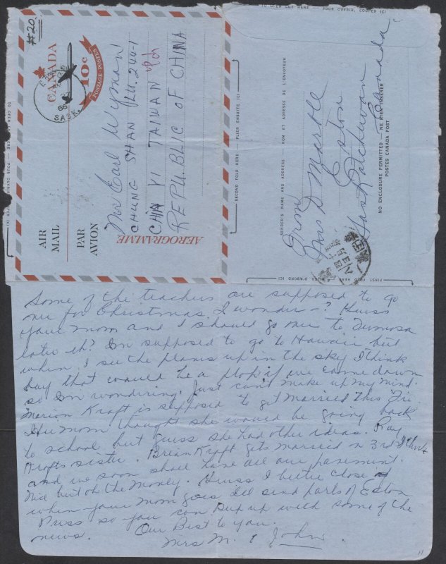 1966 #A28 10c Leaf Over Plane Air Letter Eston SASK to Taiwan